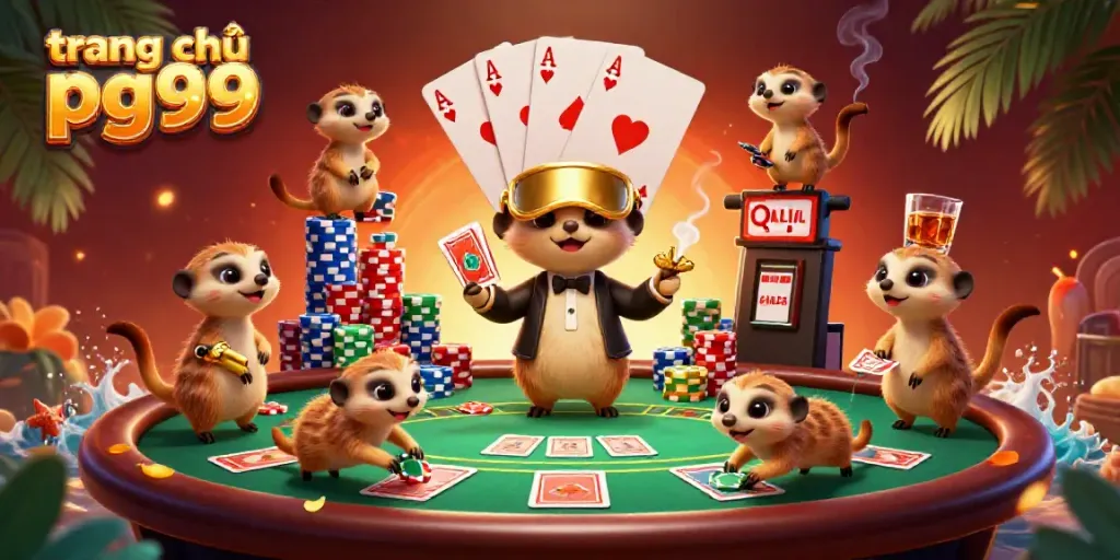 Experience vibrant gaming at the trang chủ pg99 with animated meerkats in a lively casino scene.