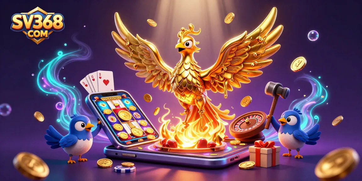 Experience thrilling wins at SV368 COM showcasing a molten golden phoenix and exciting casino elements.