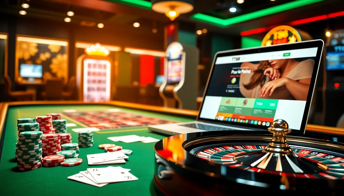 A luxurious casino scene with TT88's online interface, featuring poker chips, roulette wheel, and sleek design, showcasing the excitement of trang chủ tt88.