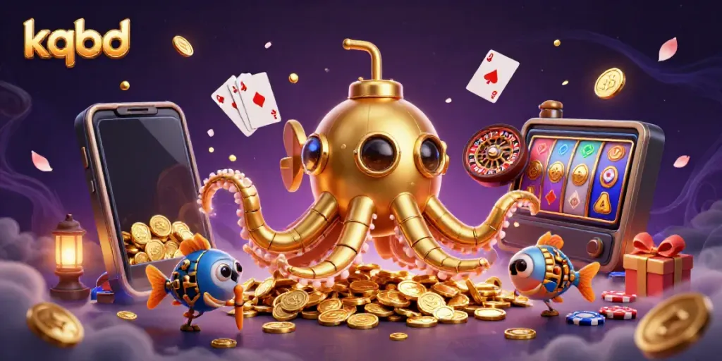 Experience thrilling KQBD gameplay as a golden kraken submarine bursts from golden coins amid vibrant casino elements.