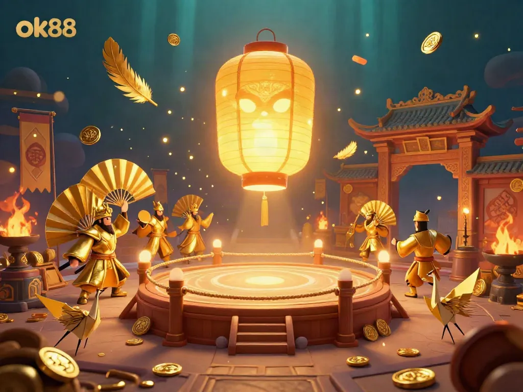 Engage with ok88's thrilling casino action featuring a glowing golden lantern spirit in an immersive night market.