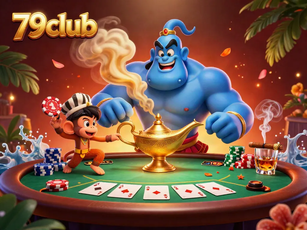 Experience the exciting world of gambling with 79club, featuring a blue genie, monkey, and poker elements.