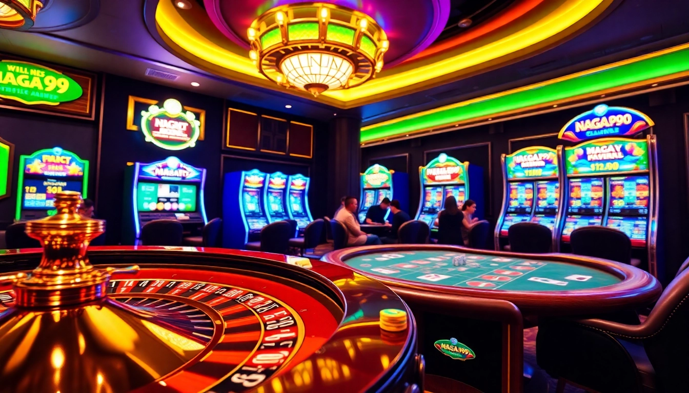Naga99 gaming experience with vibrant casino tables, poker chips, and high-paying slot machines.