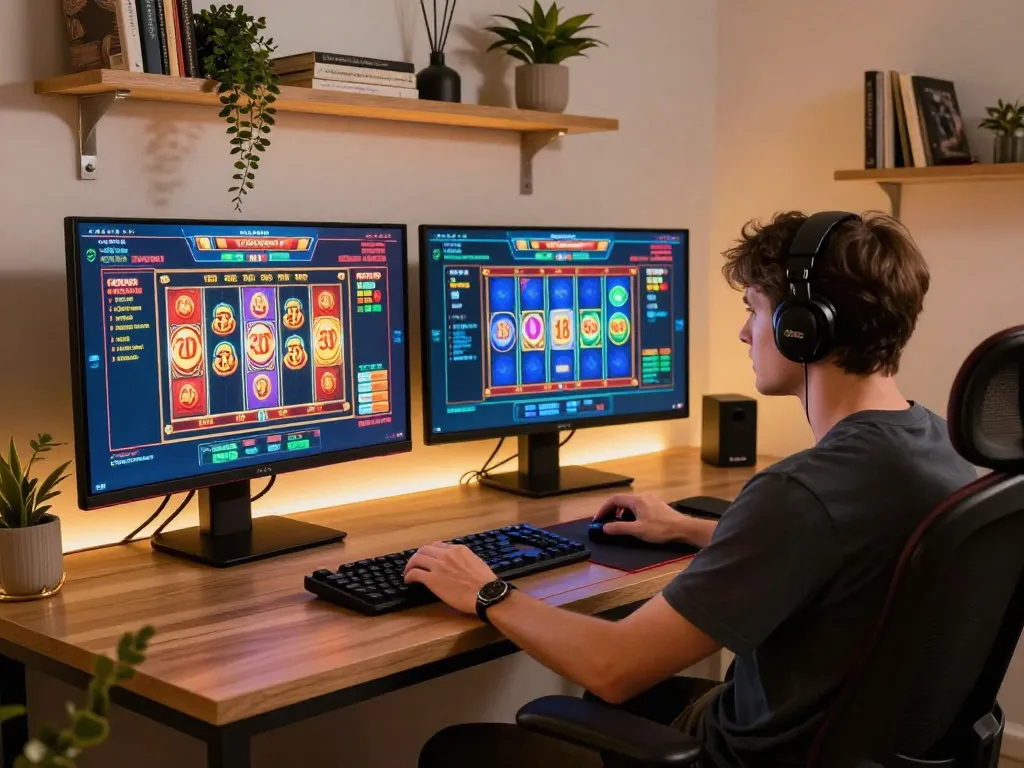 Engaging player using online slot games at home with Garansi Kekealahan feature enhancing gaming experience.