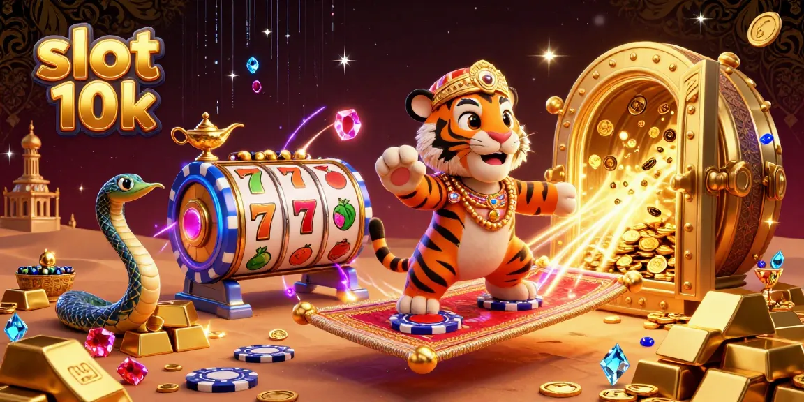 Engage in the thrill of slot 10k as a cartoon tiger sultan meets stunning jackpot symbols and treasures.