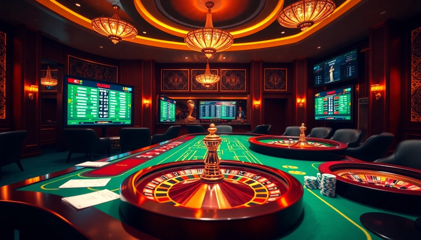 Engaging scene of tỷ lệ cá cược bóng đá at a luxury casino, showcasing betting slips and poker chips.