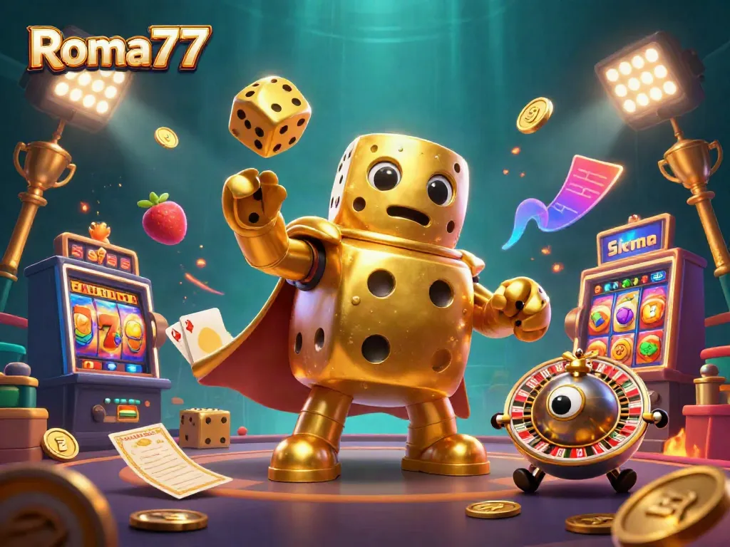 Experience excitement with Roma77 as a golden dice golem juggles winnings in a vibrant casino.