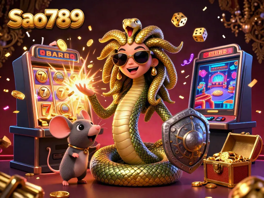 Engage with exciting winnings at Sao789 featuring a friendly Medusa and a warrior mouse in a vibrant casino scene.