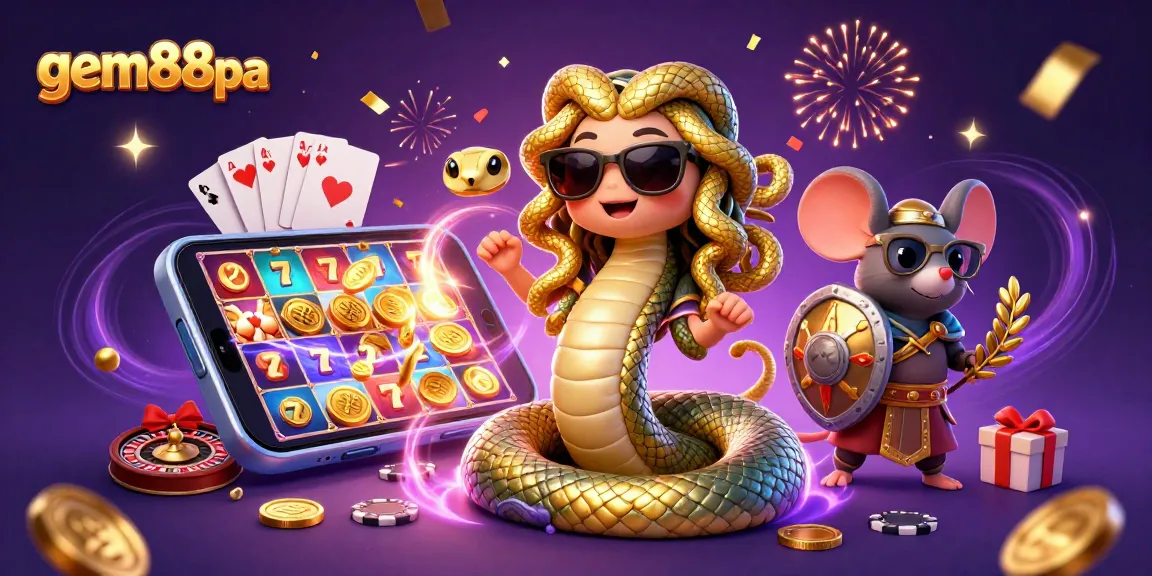 Experience the excitement of gem88pa with cute Medusa and a warrior mouse amidst vibrant casino elements.