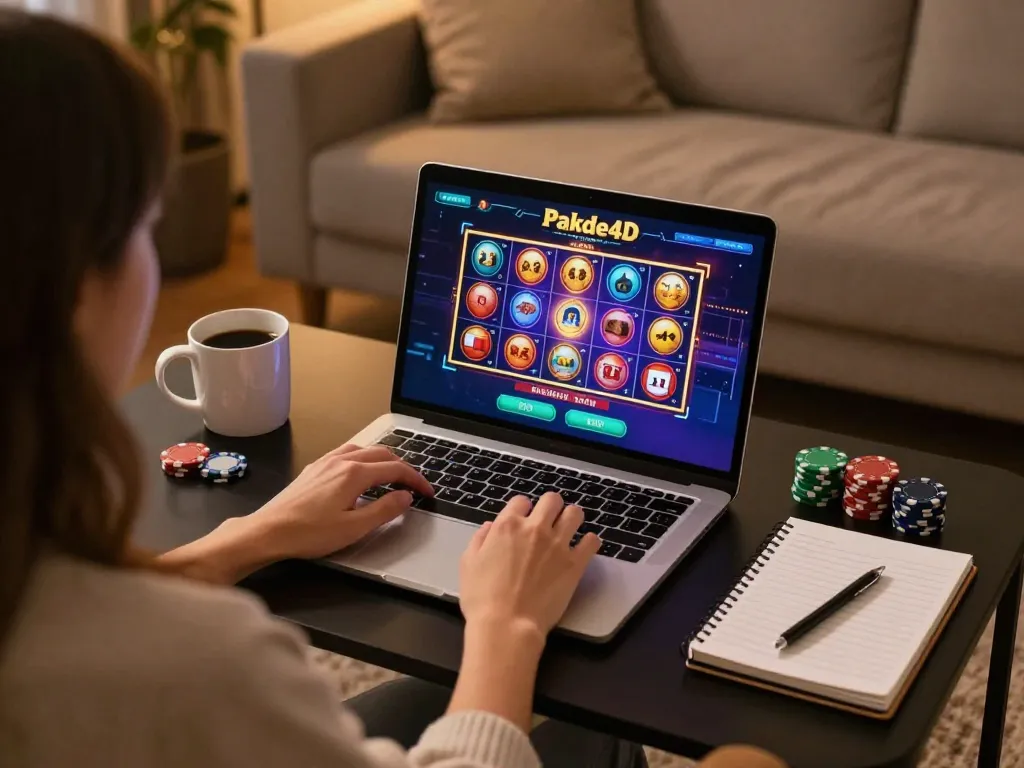 Player enjoying Pakde4D online slot games on laptop in a cozy home environment