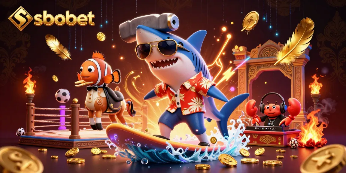 Sbobet offers thrilling sports betting action in a vibrant, energetic illustration featuring a shark and seahorse.