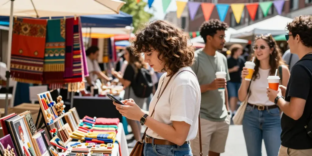 Pengunjung pasar outdoor yang tertarik melihat produk cirebontoto dikelilingi oleh warna-warni gerai lokal yang menarik.