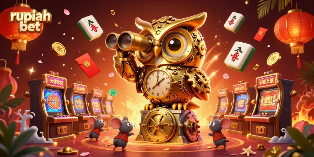 Experience the excitement of rupiah bet with this vibrant casino scene featuring golden owl and lively gaming elements.