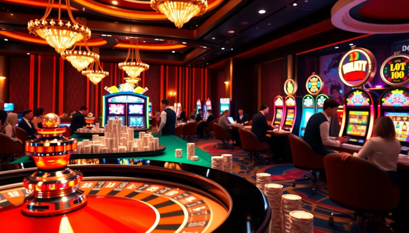 Pemain menikmati permainan kasino yang mendebarkan di EMASTOTO, menampilkan roda roulette dan mesin slot yang berwarna-warni.