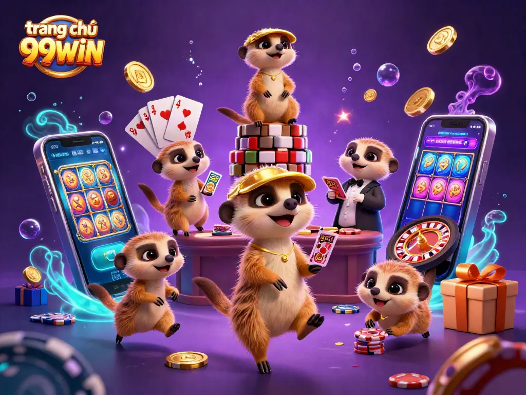 Experience the excitement at trang chủ 99WIN with a vibrant casino scene featuring playful meerkats engaging in games.