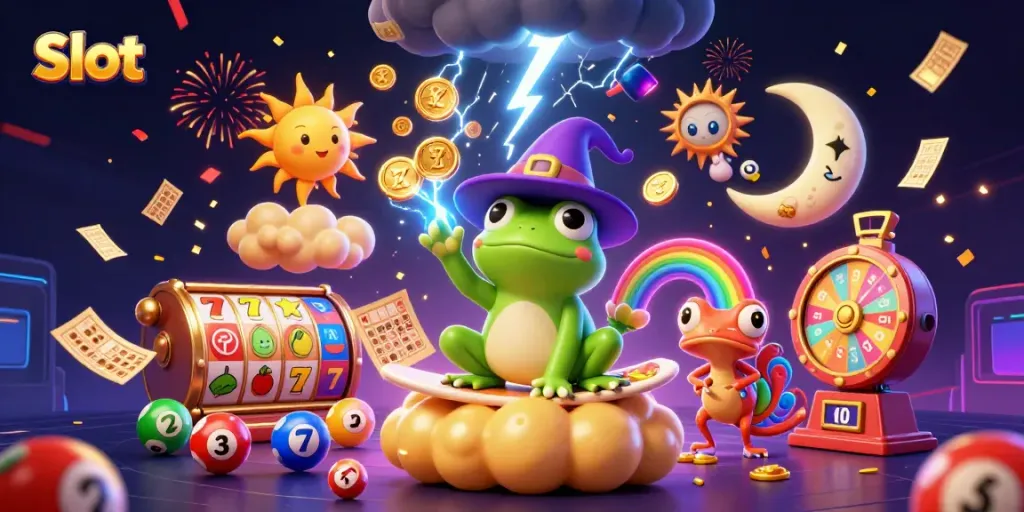 Slot memutar gulungan mesin slot berkilauan di tengah koin emas dan karakter unik.