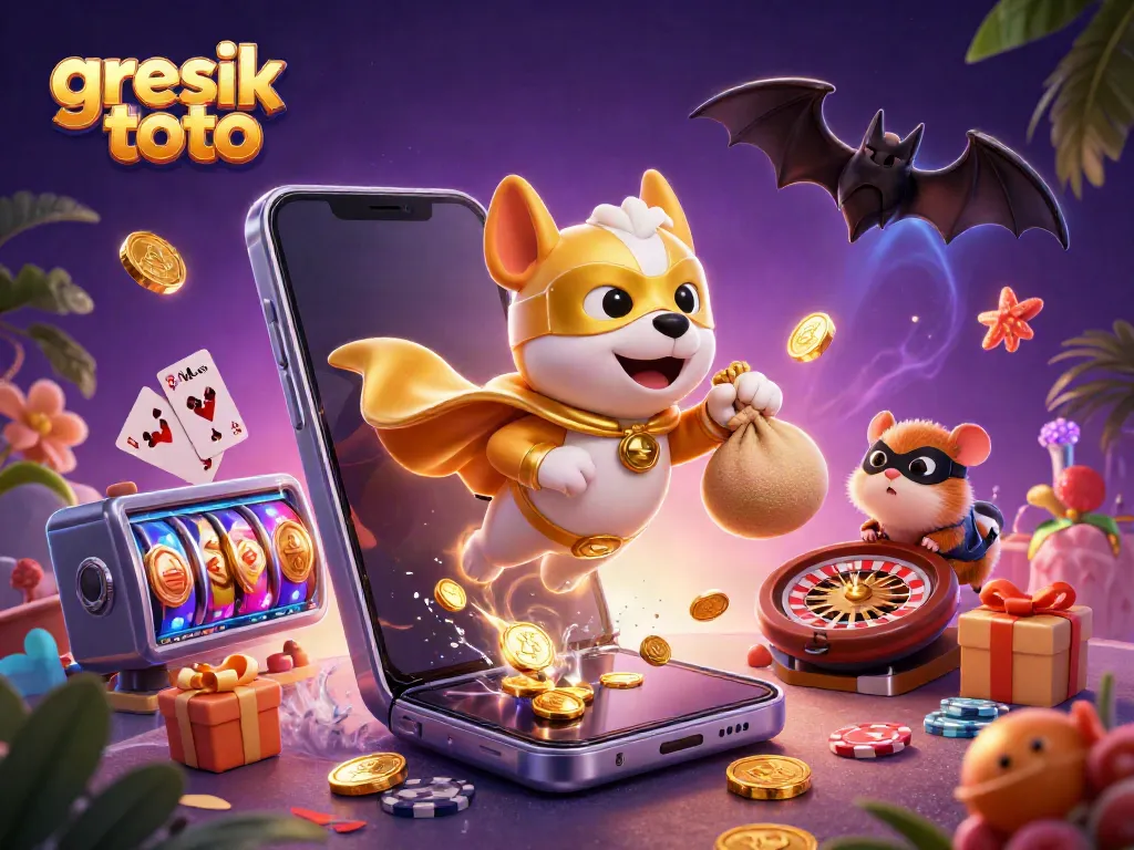 Experience thrilling gaming with gresik toto as a heroic dog and hamster celebrate wins in a vibrant casino scene.