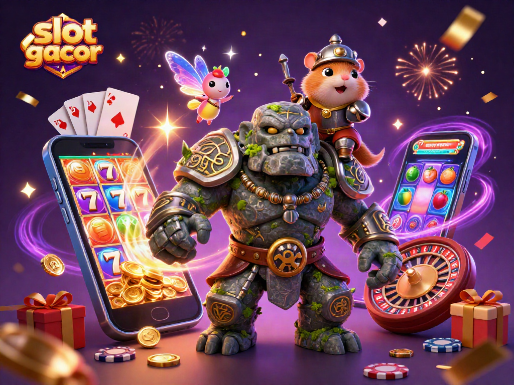 Menangkan slot gacor malam ini dengan golem dan hamster berani, dikelilingi simbol slot yang berkilauan.