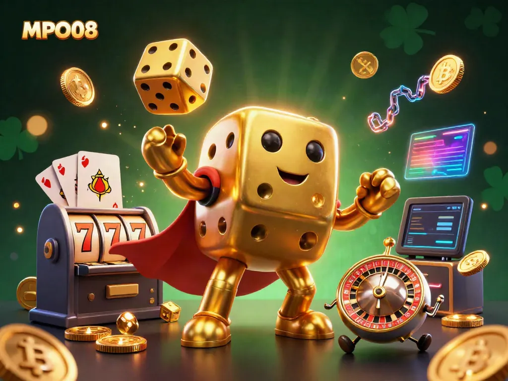 Engage with MPO08 as a golden dice golem plays in a vibrant casino scene filled with digital gaming elements.