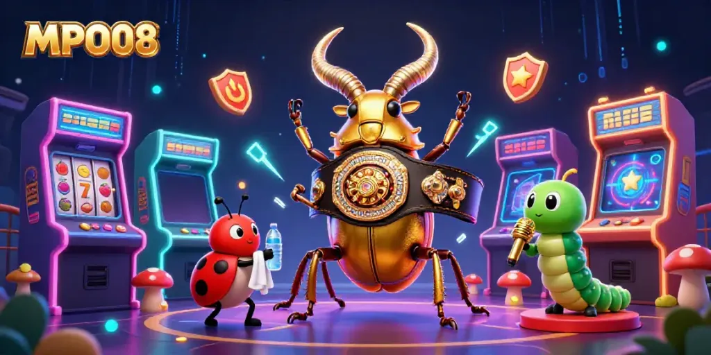 Engage in thrilling gameplay with MPO08, showcasing the golden stag beetle champion and casino elements.