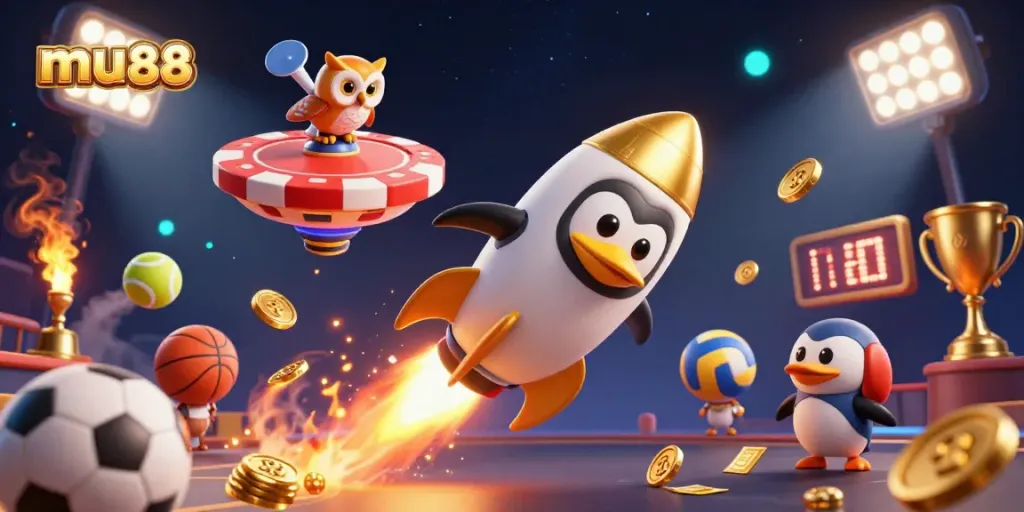 Enjoy thrilling gambling with mu88, where a golden penguin heads towards a casino station amidst sports elements.