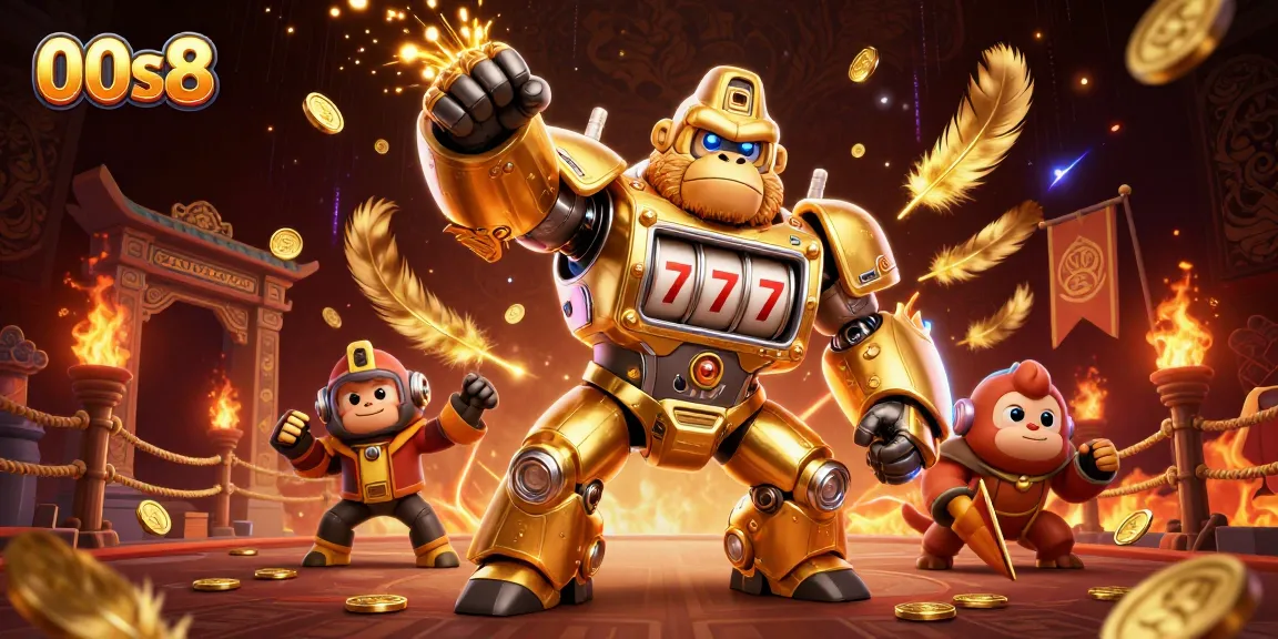 Experience thrilling gameplay at 00s8 with a dynamic casino illustration featuring a transformer-style slot machine mech.