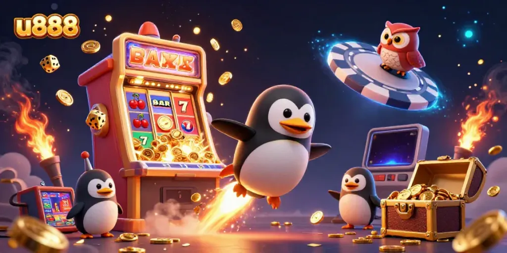 Experience the thrill of u888 with a penguin blasting off to a jackpot-filled cosmos, showcasing endless casino excitement.