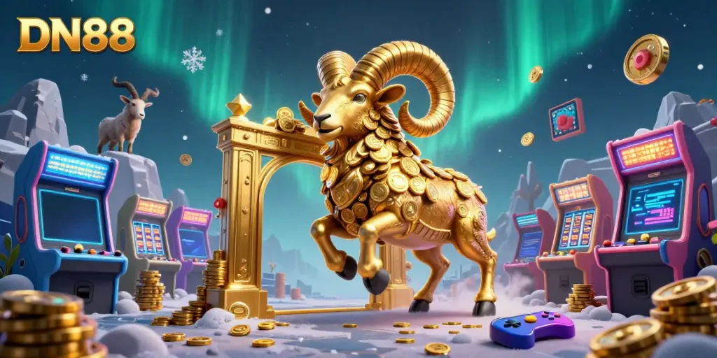 Experience DN88's vibrant casino atmosphere featuring a golden ram charging through a colorful gaming realm.