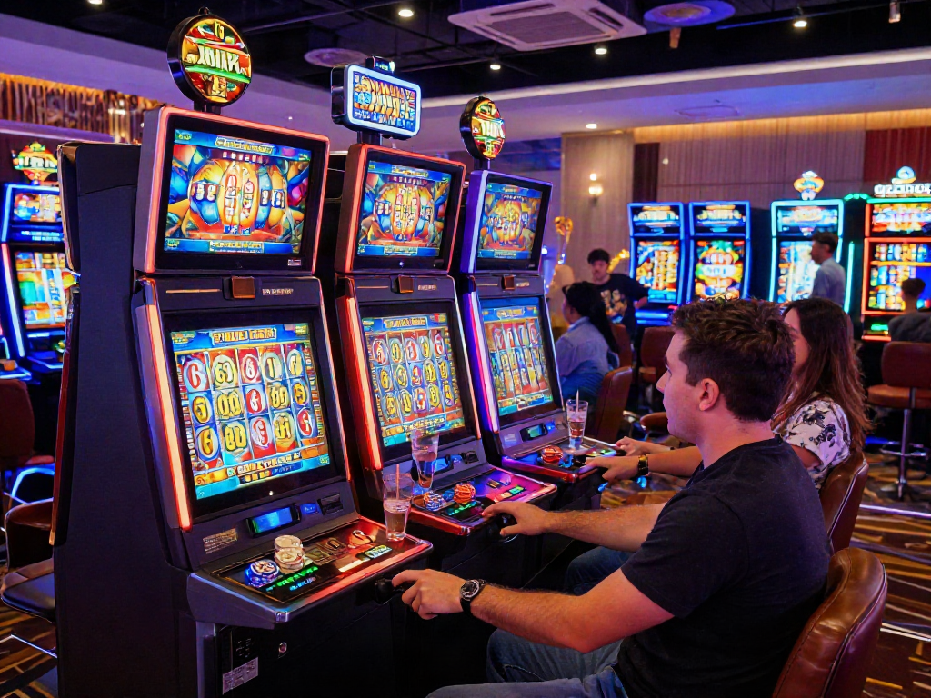 Pengalaman bermain Slot Gacor di kasino yang ramai dengan mesin slot berwarna-warni.