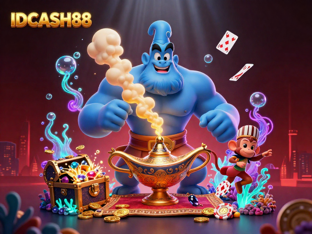 Engage with IDCASH88's immersive 3D casino adventure featuring a genie, monkey, and poker chips.
