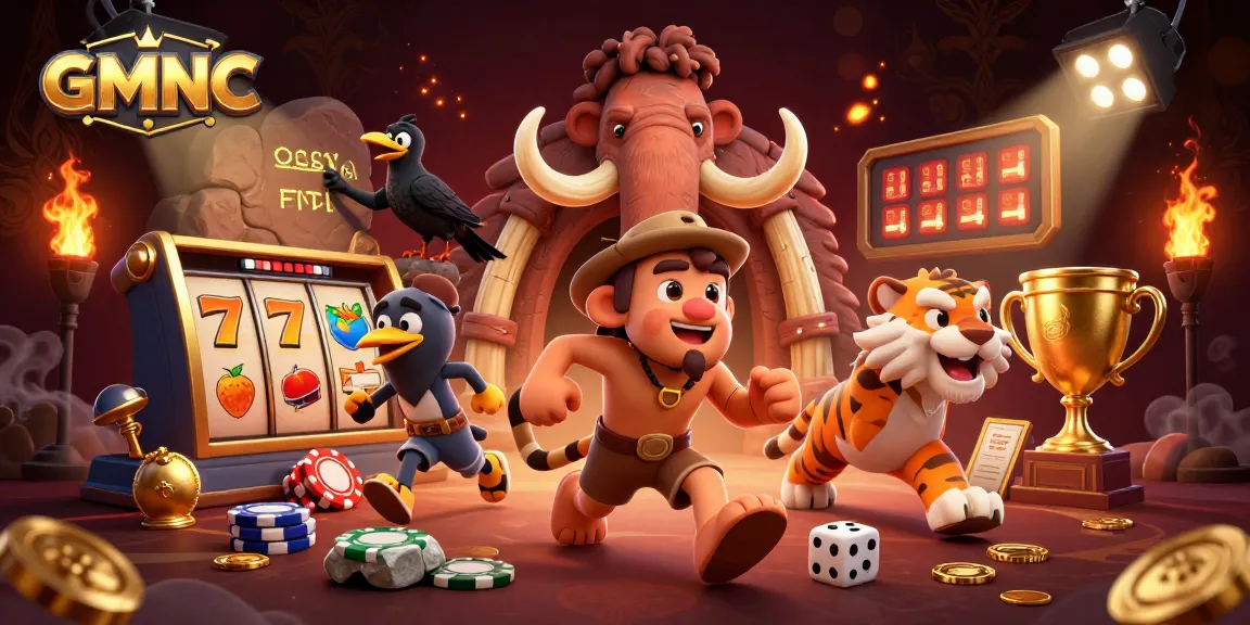 Spin the reels at GMNC with a lively prehistoric casino scene featuring cavemen and exciting game elements.