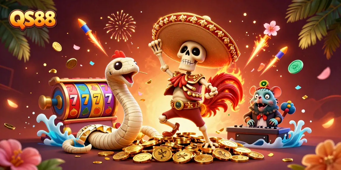 Experience the thrill of winning at QS88 with vibrant 3D casino characters dancing on golden coins.