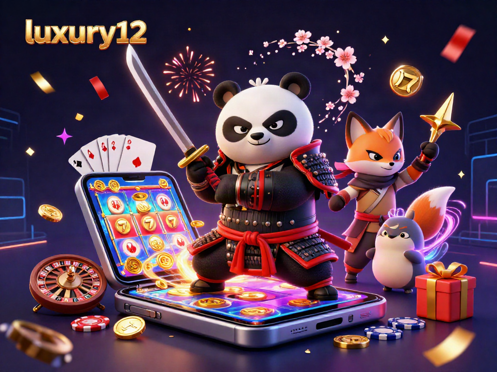 Experience luxury12 in action with a vivid scene of a samurai panda, ninja fox, and magical spirit in an exciting casino setting.