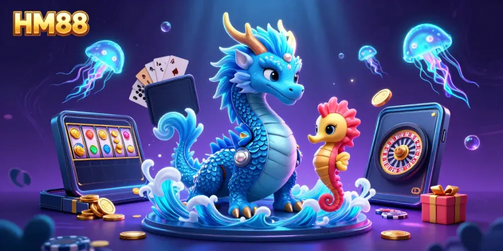 Enjoy thrilling HM88 slots with a captivating azure water dragon and dynamic gaming elements.