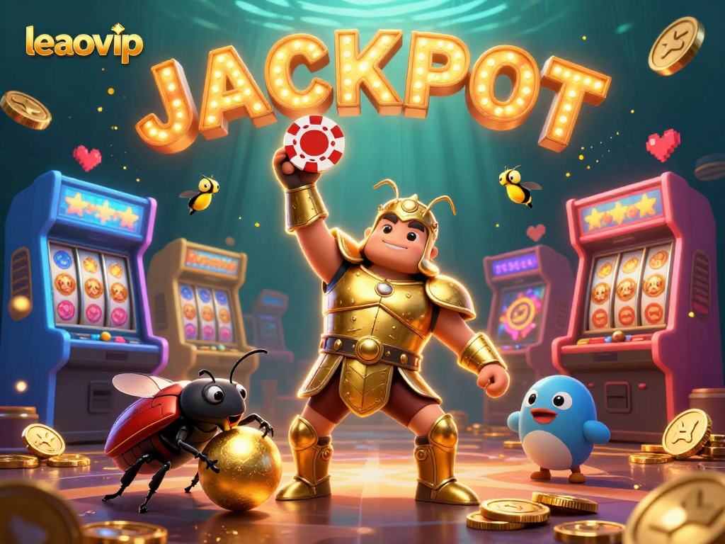 Spin to win with leaovip as a victorious beetle lifts a poker chip amidst dynamic casino elements.