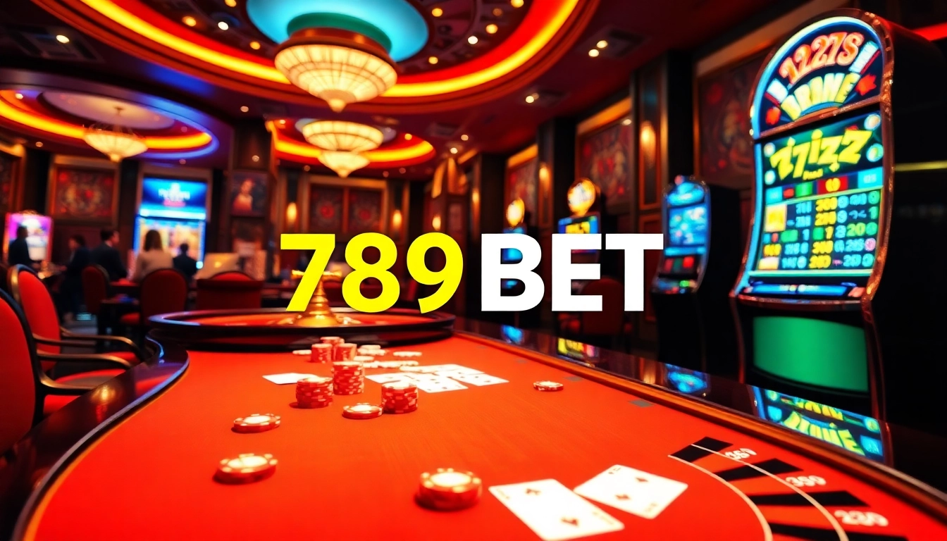 Exciting gambling scene featuring 789BET casino table with poker chips and roulette wheel.
