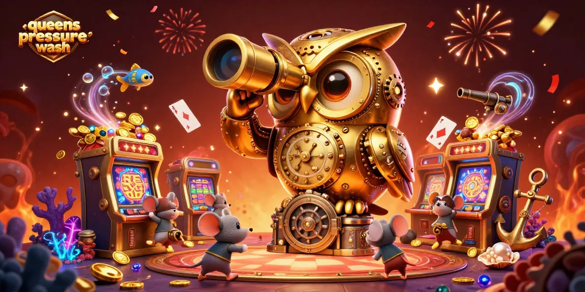 Engage with queenspressurewash as cartoon characters celebrate on a vibrant casino floor with gold coins and big wins.