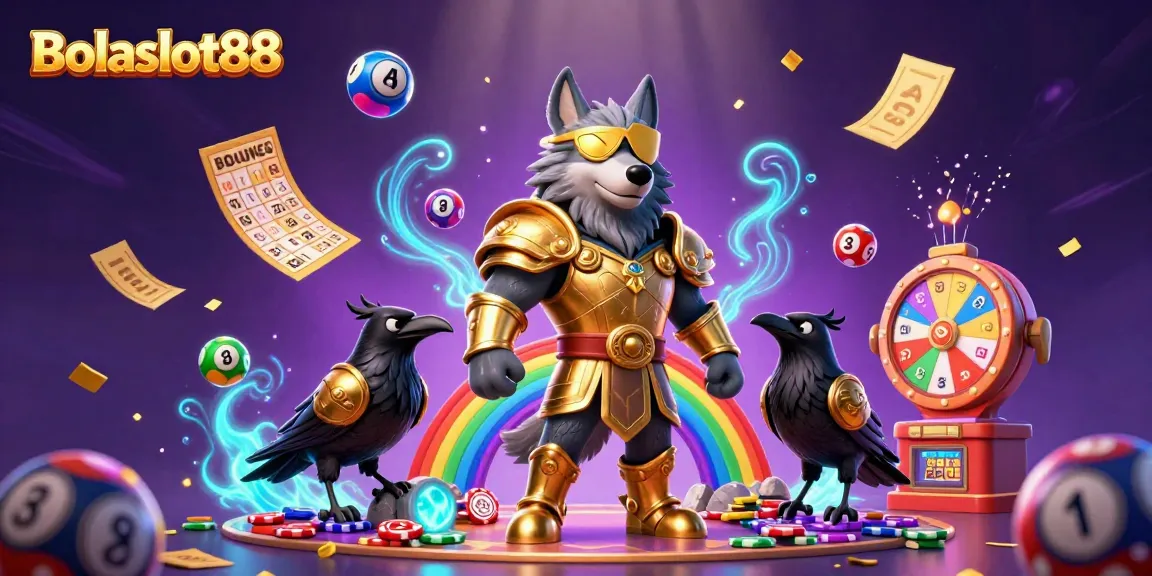 Bolaslot88 features an immersive scene with a mythical wolf and ravens amid vibrant casino elements.