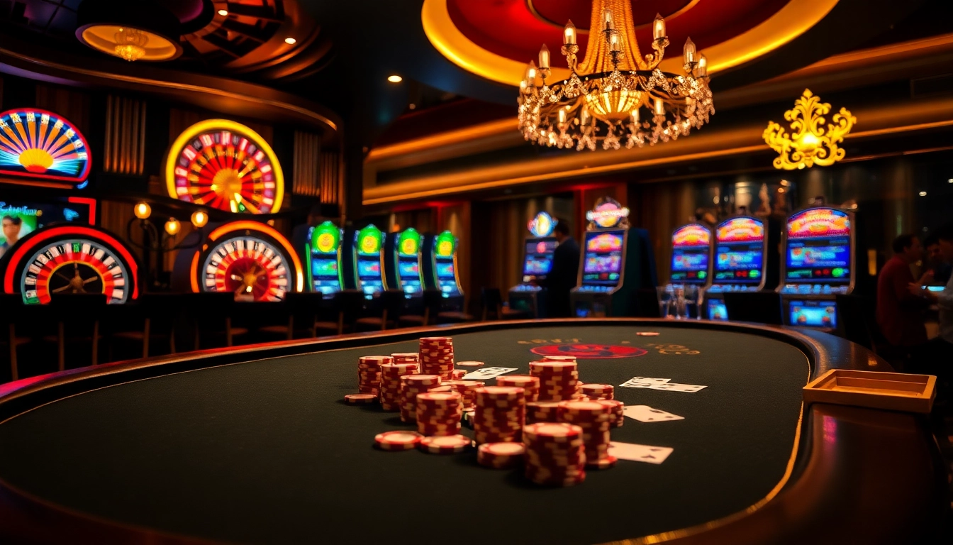 Players enjoying an exhilarating game at a professional casino featuring CM 88 poker tables and slot machines.