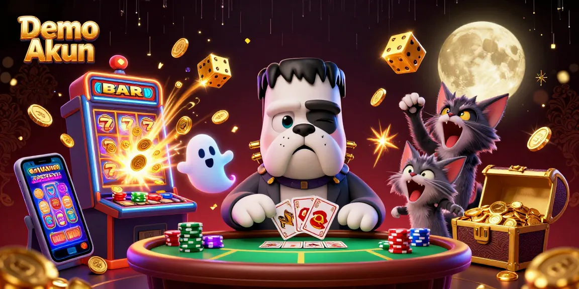 Engage in vibrant casino action with Demo Akun showcasing a spooky scene featuring a bulldog monster dealing cards.