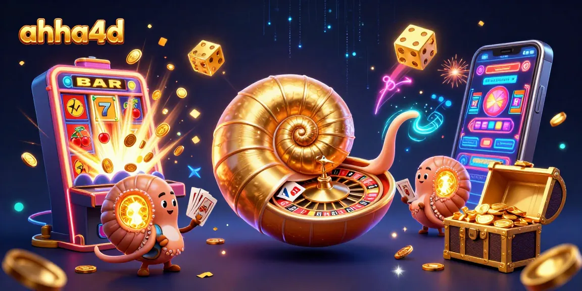 Ahha4d menampilkan perayaan jackpot dengan nautilus raksasa dan mesin slot, cahaya emas bersinar.