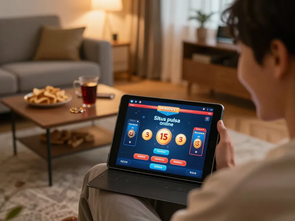 Situs pulsa online gameplay on tablet with winning payouts, creating an engaging home gambling atmosphere.