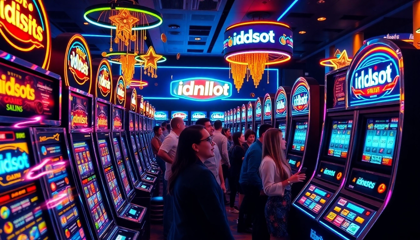 Players winning on idnslot machines amidst an exciting casino atmosphere with bright lights.