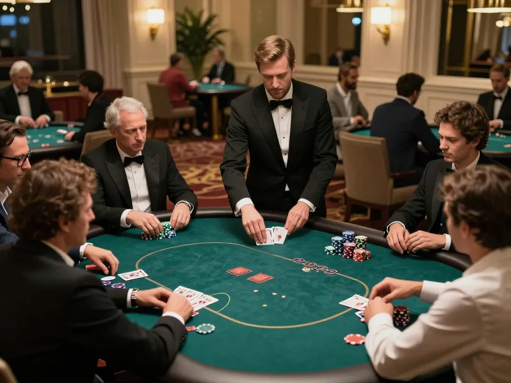 Curryexpress players enjoying high-stakes poker in an elegant casino environment with professional dealer.