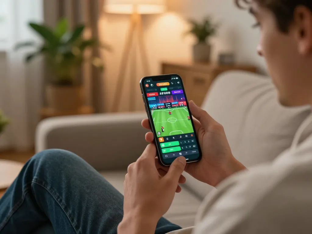 Player using sports betting app on smartphone for ug886, showcasing excitement in a cozy home.