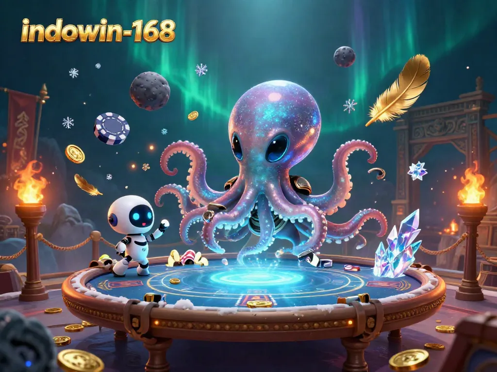 Tabel poker yang dikelola oleh octopus alien di indowin-168, dengan chip mengorbit dan efek atmosfer menawan.