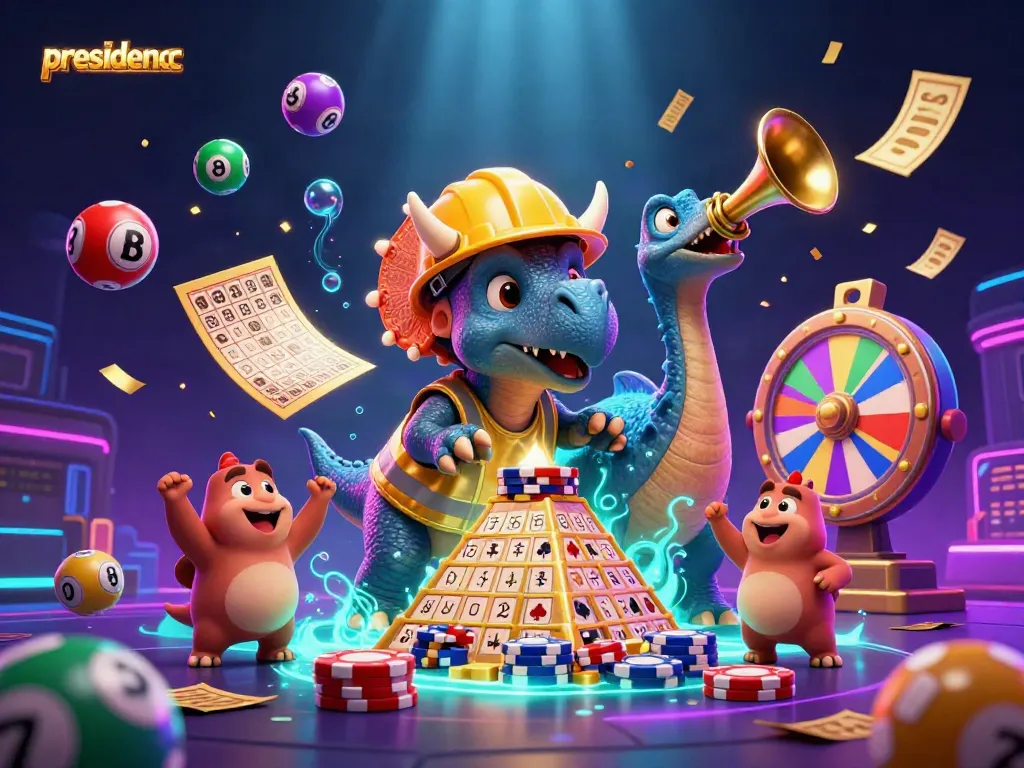 Experience excitement with presidencc as a triceratops builds poker chip pyramids in a festive casino scene.
