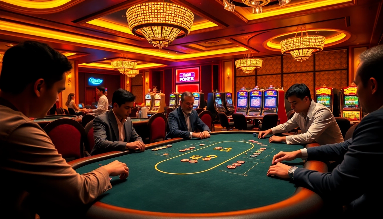 Engage in the excitement of qq dewa poker at a stylish casino with focused players and vibrant tables.