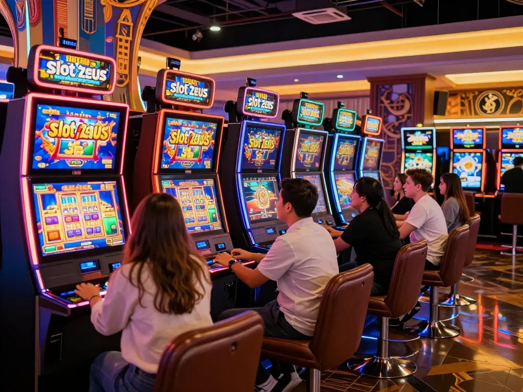 Players engaging with the slot zeus machines at a vibrant casino floor, showcasing excitement and colorful displays.