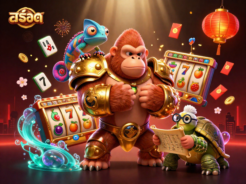 Experience exciting สล็อต action with a powerful gorilla king, colorful chameleon, and ancient scroll in a vibrant casino scene.